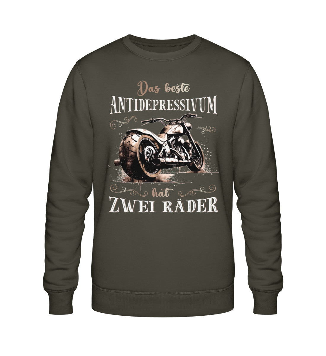 Ein Sweatshirt für Motorradfahrer von Wingbikers mit dem Aufdruck, Das beste Antidepressivum hat zwei Räder, in khaki grün.