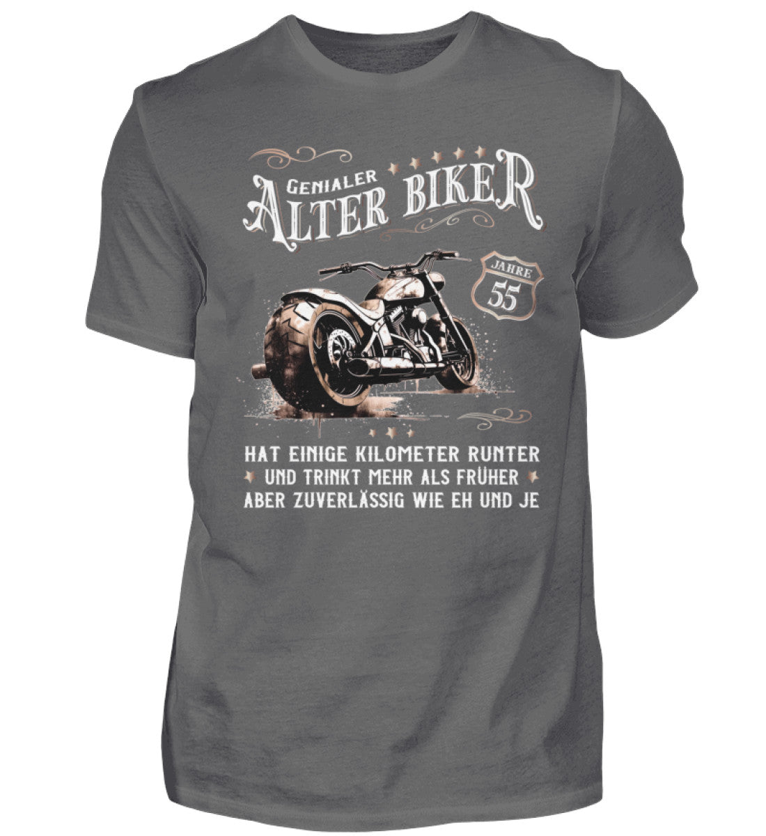 Ein Biker T-Shirt zum Geburtstag für Motorradfahrer von Wingbikers mit dem Aufdruck, Alter Biker - 55 Jahre - Einige Kilometer runter, trinkt mehr - aber zuverlässig wie eh und je - in grau.