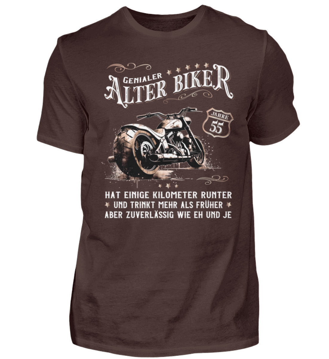 Ein Biker T-Shirt zum Geburtstag für Motorradfahrer von Wingbikers mit dem Aufdruck, Alter Biker - 55 Jahre - Einige Kilometer runter, trinkt mehr - aber zuverlässig wie eh und je - in braun.