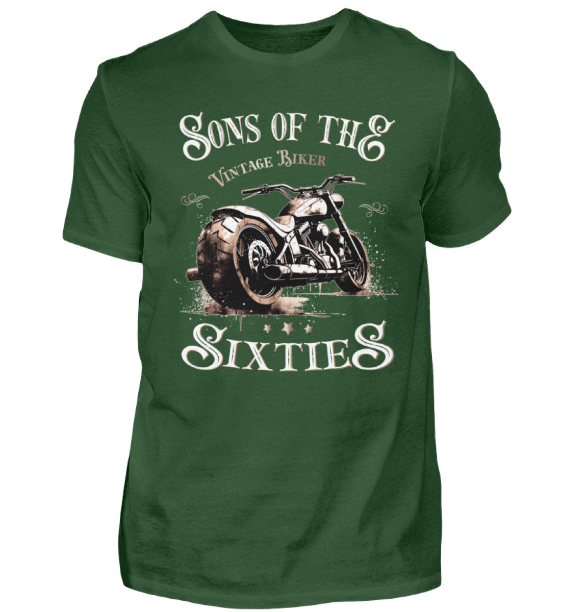 Ein Biker T-Shirt für Motorradfahrer von Wingbikers mit dem Aufdruck, Sons of the Sixties - Vintage Biker, in dunkelgrün.