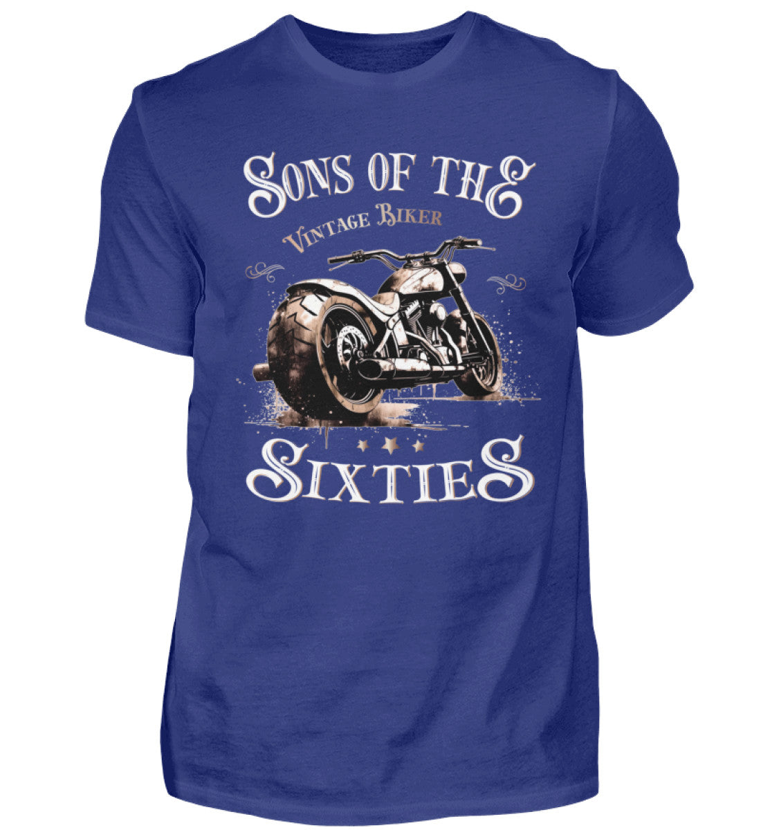 Ein Biker T-Shirt für Motorradfahrer von Wingbikers mit dem Aufdruck, Sons of the Sixties - Vintage Biker, in royal blau.