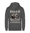 Biker Zip-Hoodie mit einem vintage Aufdruck, Biker sind wie gute Whiskey - wir werden mit dem Alter besser mit Back Print in dunkelgrau. 