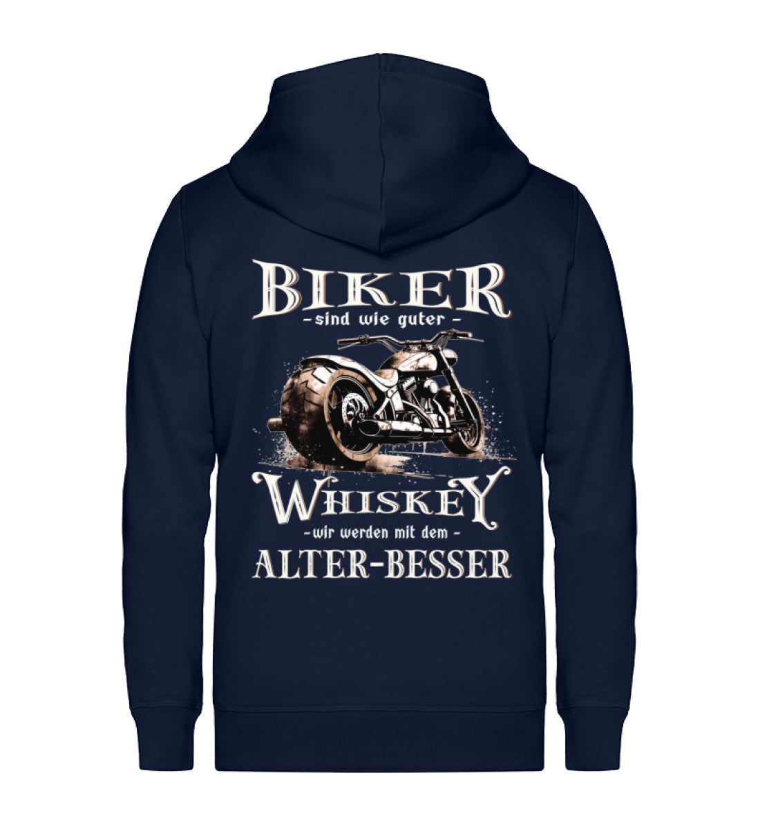 Biker Zip-Hoodie mit einem vintage Aufdruck, Biker sind wie gute Whiskey - wir werden mit dem Alter besser mit Back Print in Navy blau.