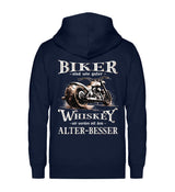 Biker Zip-Hoodie mit einem vintage Aufdruck, Biker sind wie gute Whiskey - wir werden mit dem Alter besser mit Back Print in Navy blau.