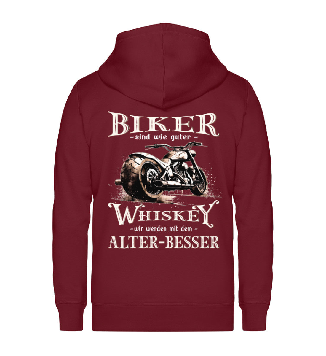 Biker Zip-Hoodie mit einem vintage Aufdruck, Biker sind wie gute Whiskey - wir werden mit dem Alter besser mit Back Print in weinrot. 