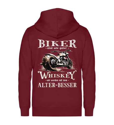 Biker Zip-Hoodie mit einem vintage Aufdruck, Biker sind wie gute Whiskey - wir werden mit dem Alter besser mit Back Print in weinrot. 