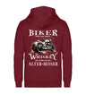 Biker Zip-Hoodie mit einem vintage Aufdruck, Biker sind wie gute Whiskey - wir werden mit dem Alter besser mit Back Print in weinrot. 