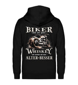 Biker Zip-Hoodie mit einem vintage Aufdruck, Biker sind wie gute Whiskey - wir werden mit dem Alter besser mit Back Print in schwarz. 