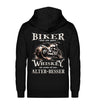 Biker Zip-Hoodie mit einem vintage Aufdruck, Biker sind wie gute Whiskey - wir werden mit dem Alter besser mit Back Print in schwarz. 