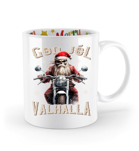 Eine weihnachtliche Tasse für Motorradfahrer von Wingbikers, mit dem beidseitigen Aufdruck, God Jól Valhalla, in weiß.