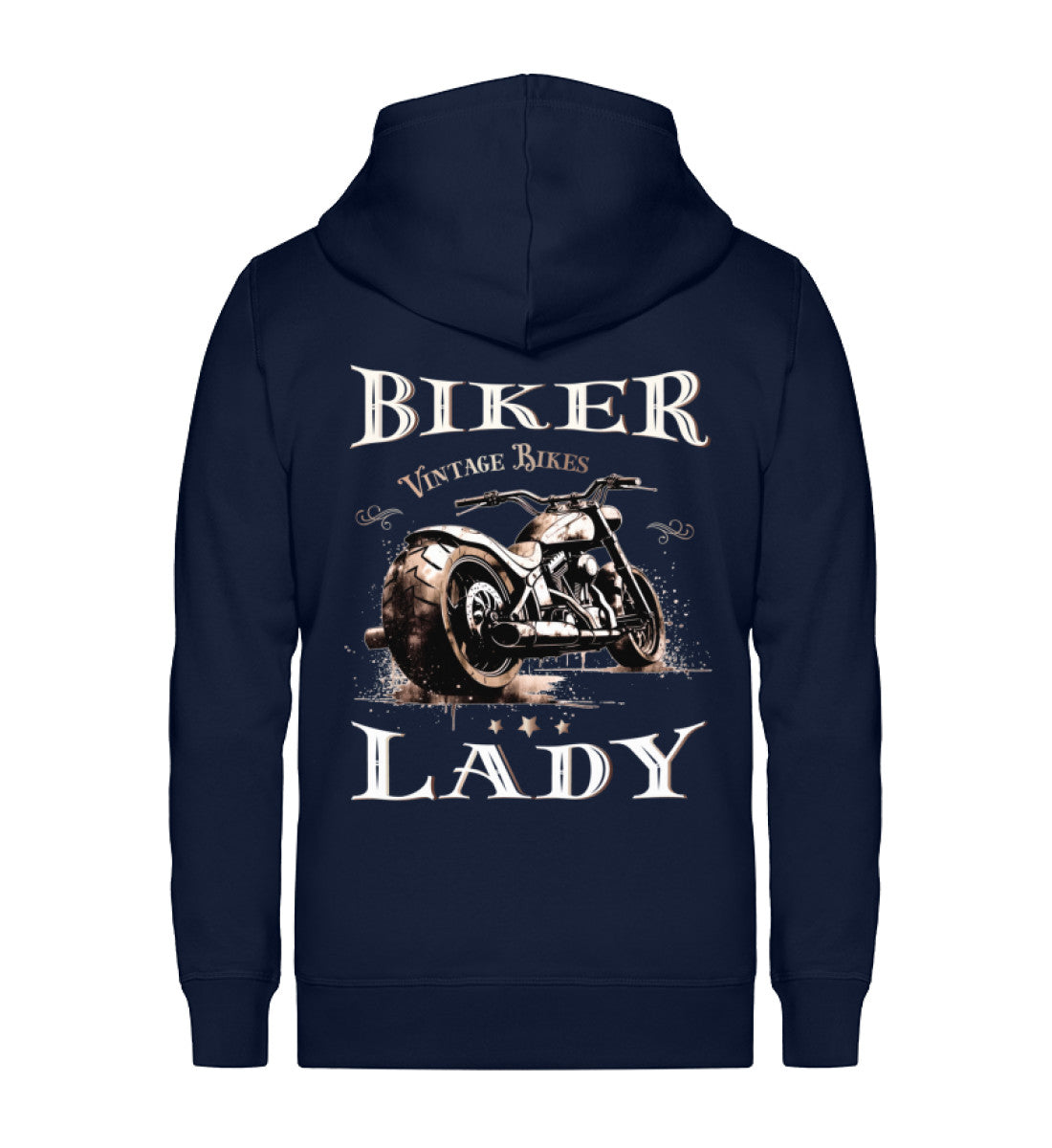 Eine Reißverschluss-Jacke für Motorradfahrerinnen von Wingbikers mit dem Aufdruck, Biker Lady, in navy blau.