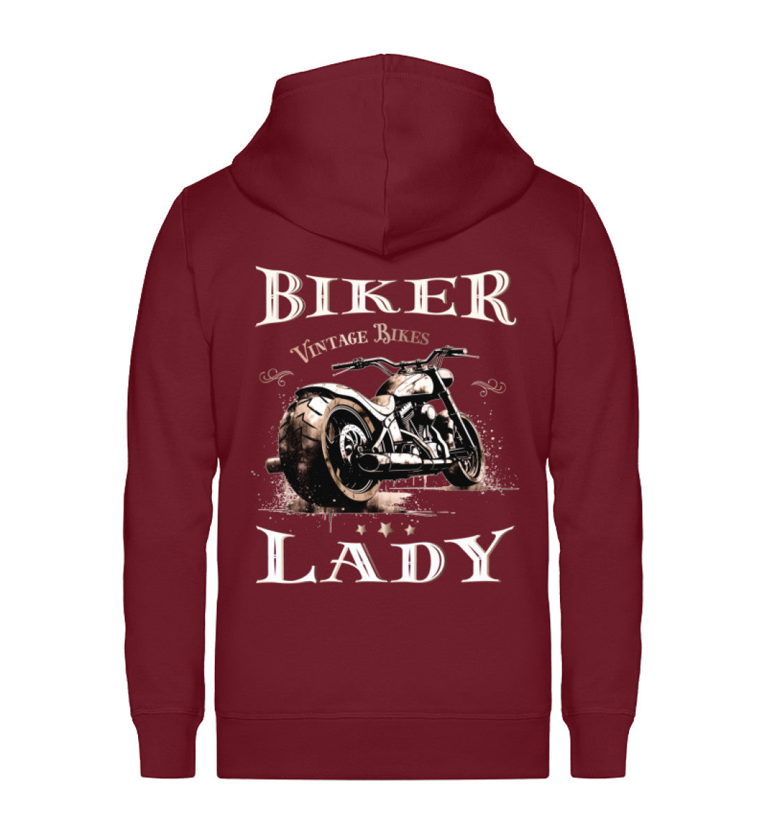 Eine Reißverschluss-Jacke für Motorradfahrerinnen von Wingbikers mit dem Aufdruck, Biker Lady, in burgunder weinrot.