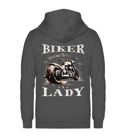 Eine Reißverschluss-Jacke für Motorradfahrerinnen von Wingbikers mit dem Aufdruck, Biker Lady, in dunkelgrau.