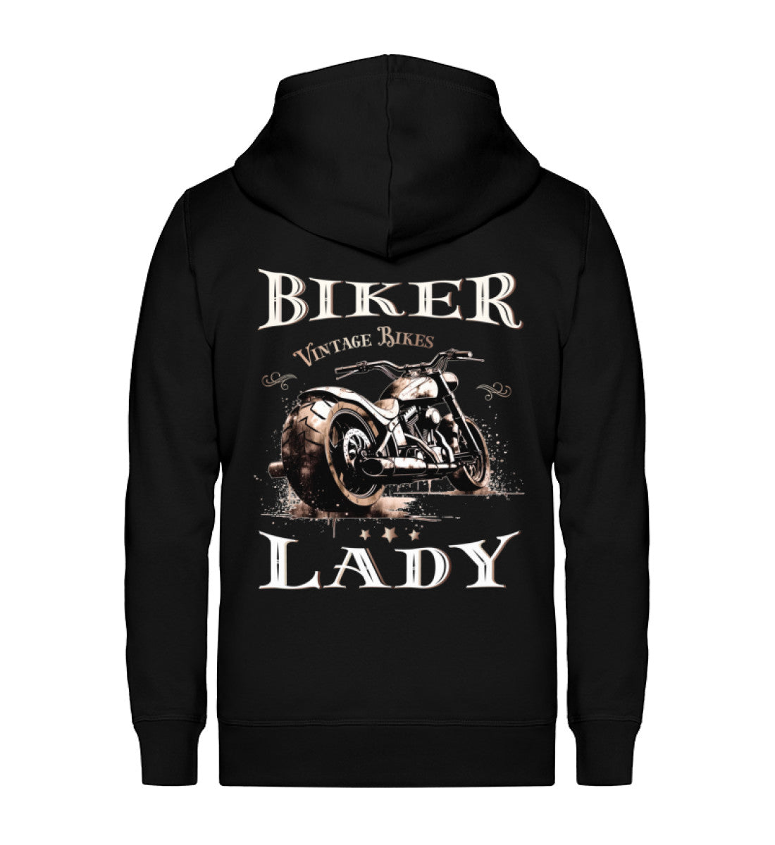 Eine Reißverschluss-Jacke für Motorradfahrerinnen von Wingbikers mit dem Aufdruck, Biker Lady, in schwarz.