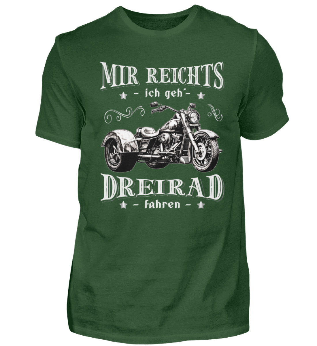 Ein Triker T-Shirt für Trikefahrer von Wingbikers mit dem Aufdruck, Mir reichts, ich geh´ Dreirad fahren, in dunkelgrün.