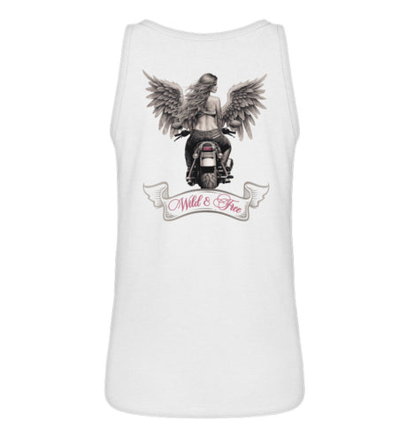 Ein Tanktop für Motorradfahrerinnen von Wingbikers mit dem Aufdruck, Wild & Free, als Back Print, in weiß.