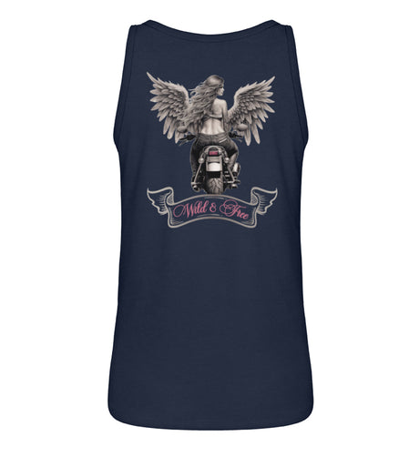 Ein Tanktop für Motorradfahrerinnen von Wingbikers mit dem Aufdruck, Wild & Free, als Back Print, in navy blau.