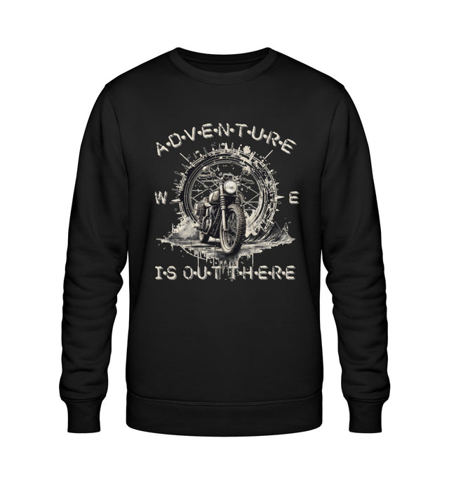 Ein Biker Sweatshirt für Motorradfahrer von Wingbikers mit dem Aufdruck, Adventure Is Out There - in schwarz.