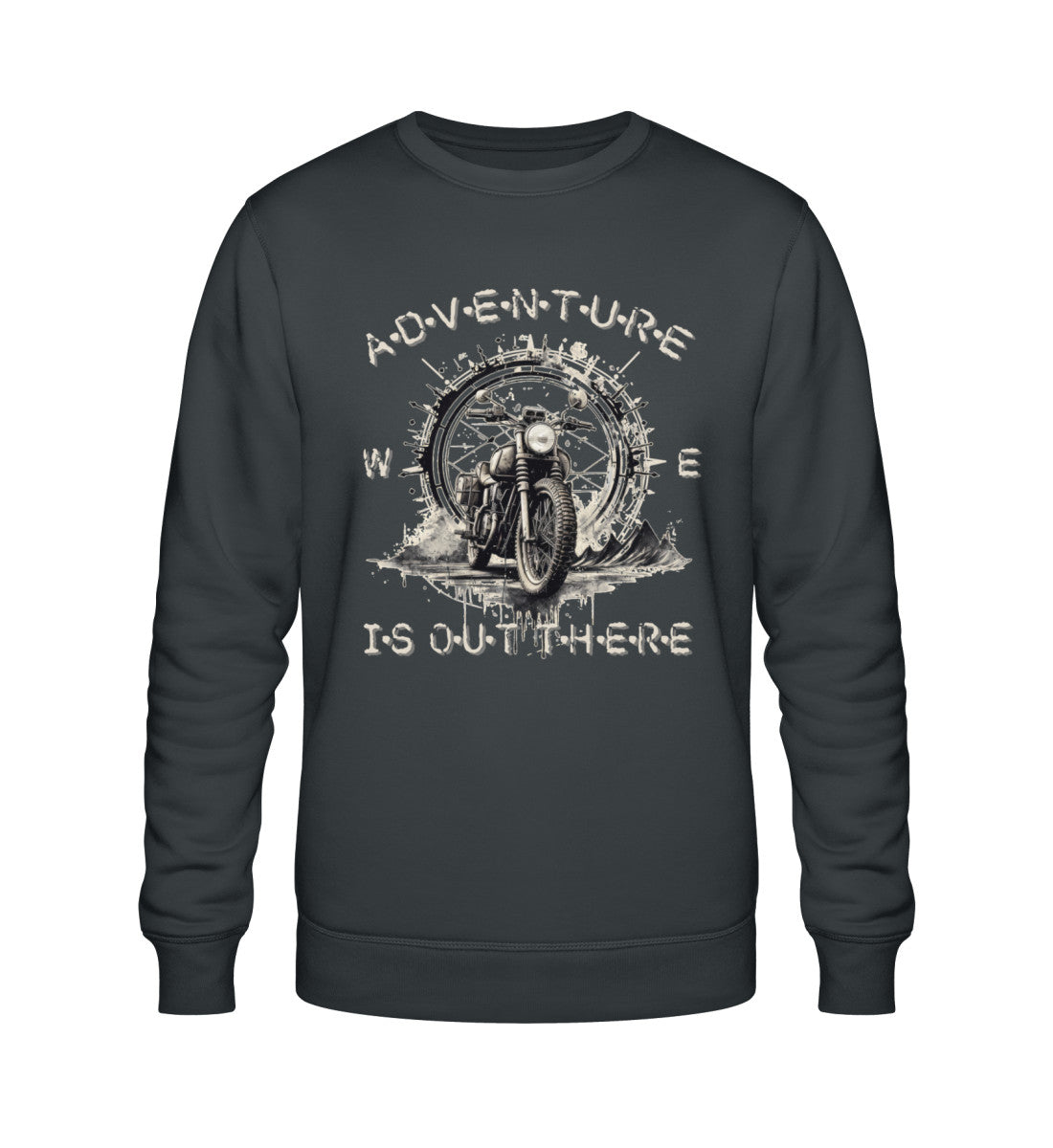 Ein Biker Sweatshirt für Motorradfahrer von Wingbikers mit dem Aufdruck, Adventure Is Out There - in dunkelgrau.