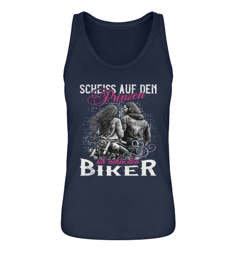 Ein Tanktop für Motorradfahrerinnen von Wingbikers mit dem Aufdruck, Scheiß auf den Prinzen, ich nehm' den Biker, in navy blau.