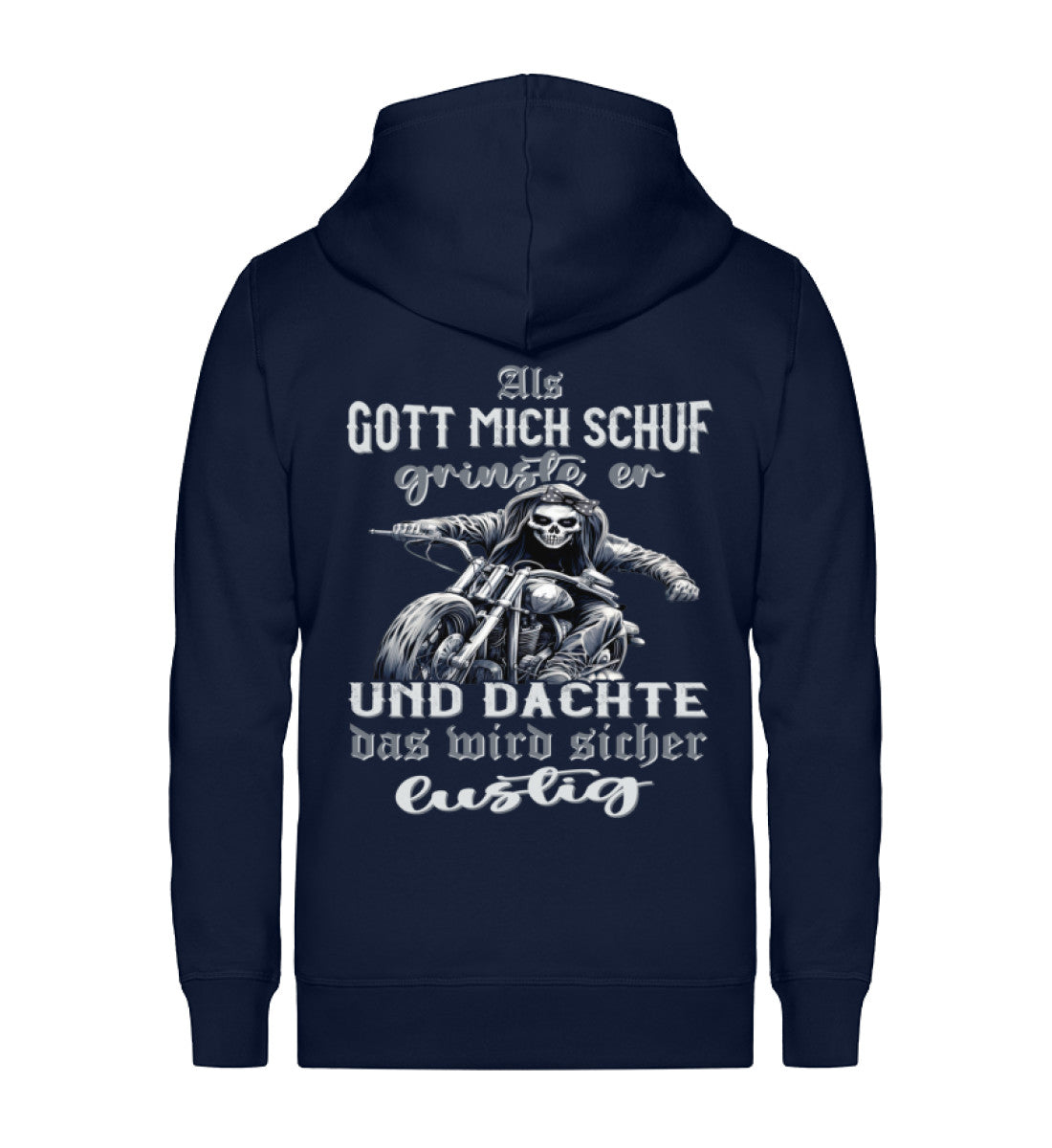 Ein Zip-Hoodie für Motorradfahrerinnen von Wingbikers mit dem Aufdruck, Als Gott mich schuf grinste er und dachte, das wird sicher lustig, in navy blau.