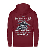 Ein Zip-Hoodie für Motorradfahrerinnen von Wingbikers mit dem Aufdruck, Als Gott mich schuf grinste er und dachte, das wird sicher lustig, in burgunder rot.