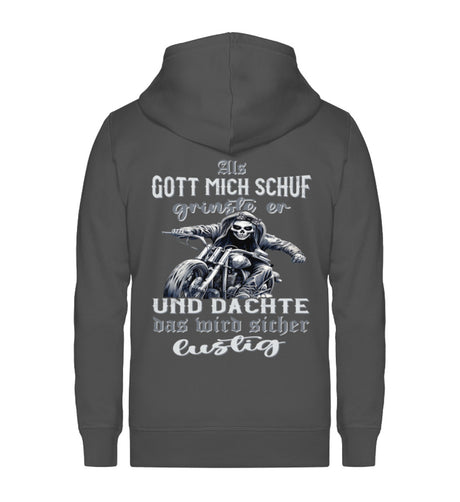 Ein Zip-Hoodie für Motorradfahrerinnen von Wingbikers mit dem Aufdruck, Als Gott mich schuf grinste er und dachte, das wird sicher lustig, in dunkelgrau.