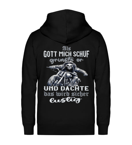 Ein Zip-Hoodie für Motorradfahrerinnen von Wingbikers mit dem Aufdruck, Als Gott mich schuf grinste er und dachte, das wird sicher lustig, in schwarz.