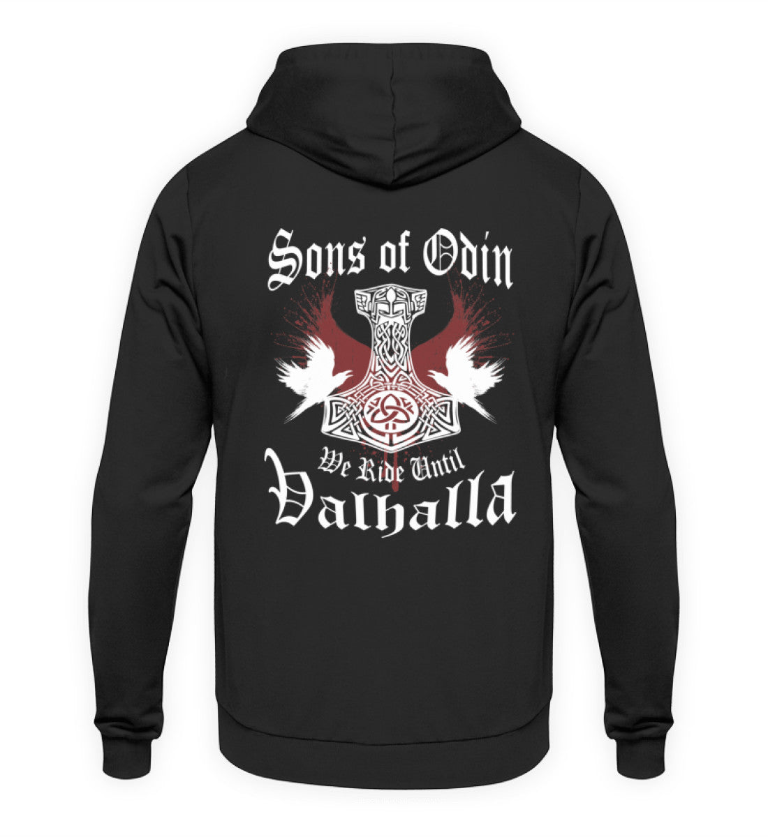 Ein Biker Hoodie für Motorradfahrer von Wingbikers mit dem Aufdruck, Sons of Odin - We Ride Until Valhalla, als Back Print, in schwarz.