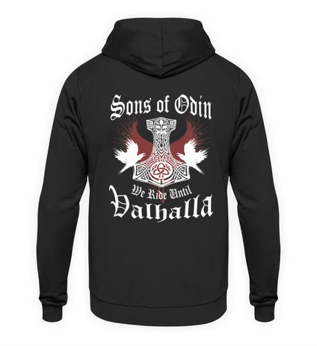 Ein Biker Hoodie für Motorradfahrer von Wingbikers mit dem Aufdruck, Sons of Odin - We Ride Until Valhalla, als Back Print, in schwarz.