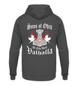 Ein Biker Hoodie für Motorradfahrer von Wingbikers mit dem Aufdruck, Sons of Odin - We Ride Until Valhalla, als Back Print, in dunkelgrau.