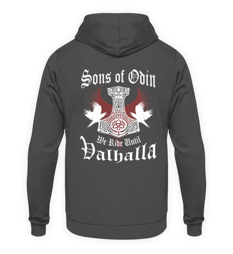 Ein Biker Hoodie für Motorradfahrer von Wingbikers mit dem Aufdruck, Sons of Odin - We Ride Until Valhalla, als Back Print, in dunkelgrau.