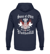 Ein Biker Hoodie für Motorradfahrer von Wingbikers mit dem Aufdruck, Sons of Odin - We Ride Until Valhalla, als Back Print, in navy blau.