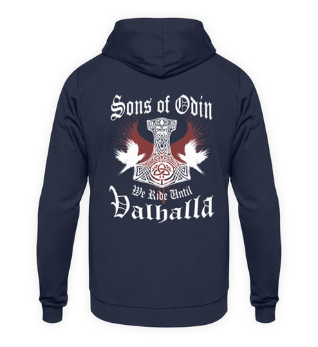 Ein Biker Hoodie für Motorradfahrer von Wingbikers mit dem Aufdruck, Sons of Odin - We Ride Until Valhalla, als Back Print, in navy blau.