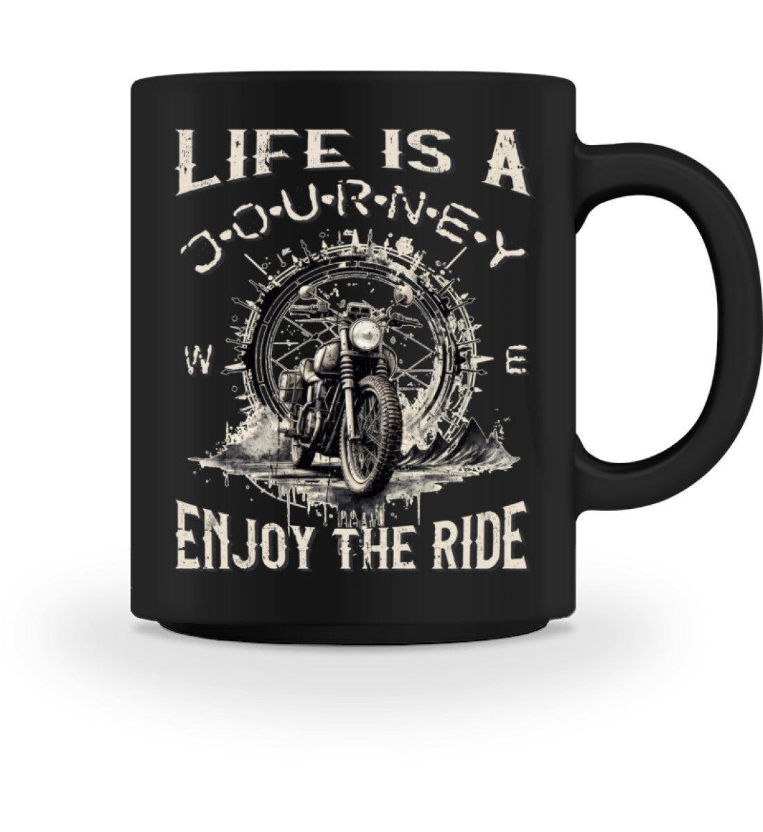 Eine Tasse für Motorradfahrer von Wingbikers, mit dem beidseitigen Aufdruck, Life Is A Journey - Enjoy The Ride, in schwarz.