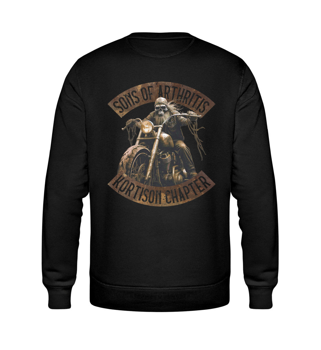 Ein Biker Sweatshirt für Motorradfahrer von Wingbikers mit dem Aufdruck, Sons of Arthritis - Kortison Chapter - Biker Veteran - als Back Print, in schwarz.