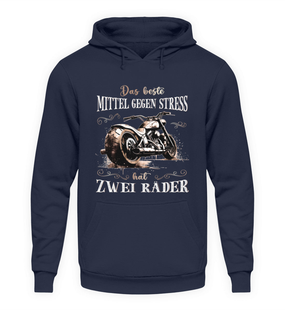 Ein Hoodie für Motorradfahrer von Wingbikers mit dem Aufdruck, Das beste Mittel gegen Stress hat 2 Räder, in navy blau. 