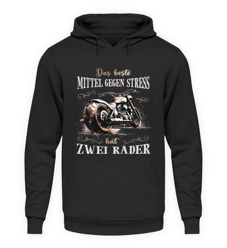 Ein Hoodie für Motorradfahrer von Wingbikers mit dem Aufdruck, Das beste Mittel gegen Stress hat 2 Räder, in schwarz.