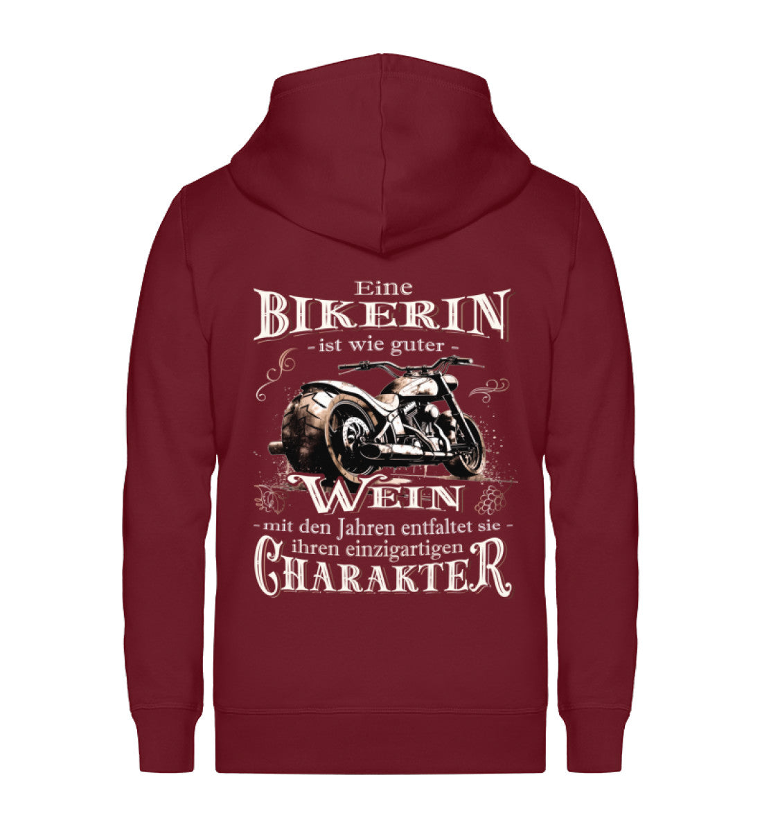 Eine Bikerin Reißverschluss-Jacke für Motorradfahrerinnen von Wingbikers mit dem Aufdruck, Eine Bikerin ist wie guter Wein - mit den Jahren entfaltet sie ihren einzigartigen Charakter - in burgunder weinrot.