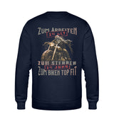 Ein Biker Sweatshirt für Motorradfahrer von Wingbikers mit dem Aufdruck, Zum Arbeiten zu alt, zum Sterben zu jung - Zum Biken top fit! - als Back Print, in navy blau.