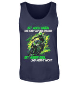 Ein Tanktop für Motorradfahrer von Wingbikers mit dem Aufdruck, Ist auch grün und klebt auf der Straße, ist aber geil und nervt nicht, in navy blau.