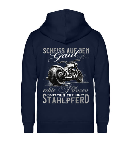 Ein Bikerin Zip-Hoodie für Motorradfahrerinnen von Wingbikers mit dem Aufdruck, Scheiß auf den Gaul, echte Prinzen kommen mit dem Stahlpferd - in navy blau.