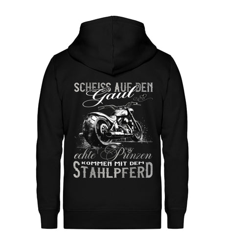 Ein Bikerin Zip-Hoodie für Motorradfahrerinnen von Wingbikers mit dem Aufdruck, Scheiß auf den Gaul, echte Prinzen kommen mit dem Stahlpferd - in schwarz.