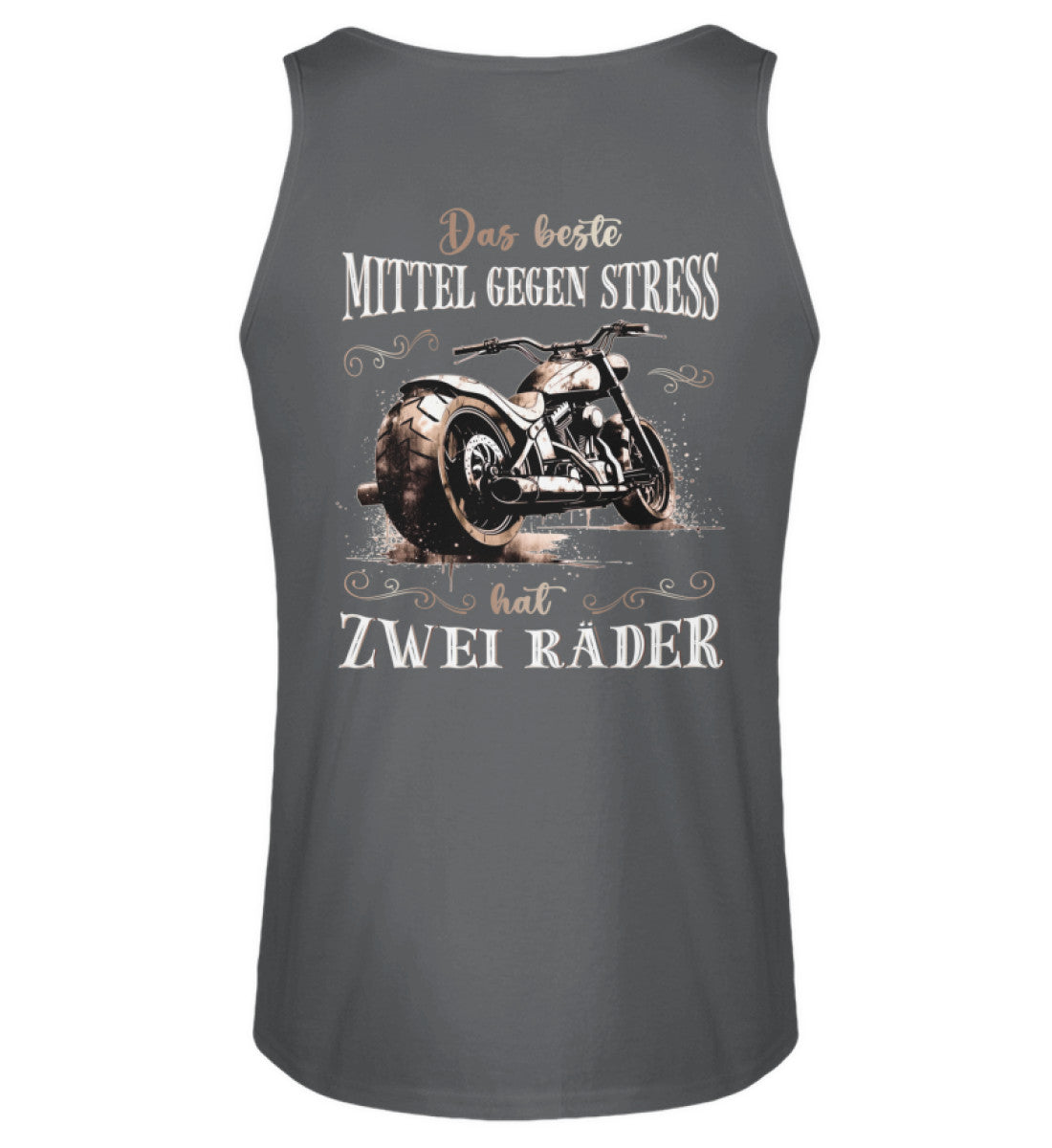 Ein Tanktop für Motorradfahrer von Wingbikers mit dem Aufdruck, Das beste Mittel gegen Stress hat 2 Räder, mit Back Print, in dunkelgrau.