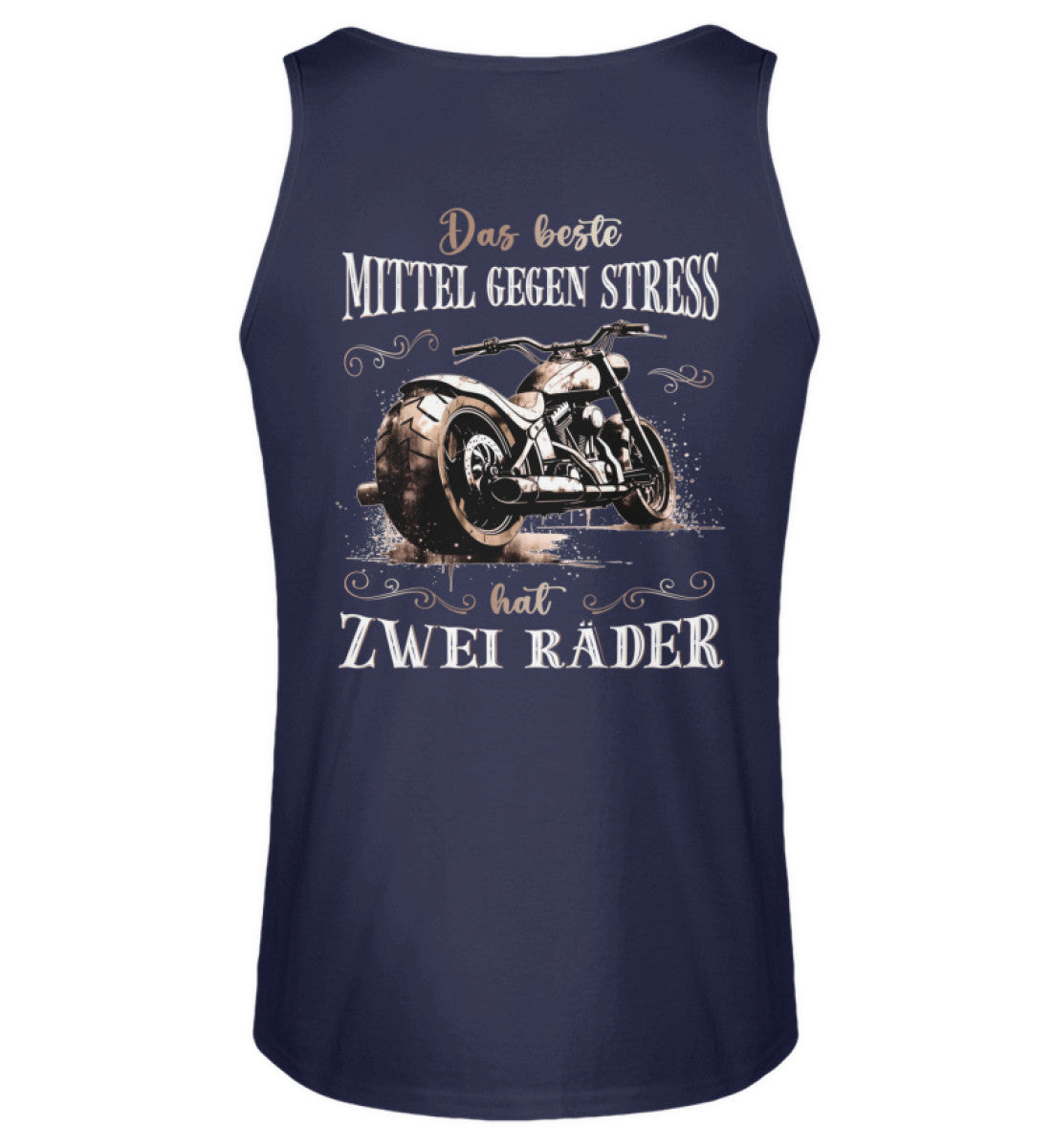 Ein Tanktop für Motorradfahrer von Wingbikers mit dem Aufdruck, Das beste Mittel gegen Stress hat 2 Räder, mit Back Print, in navy blau.