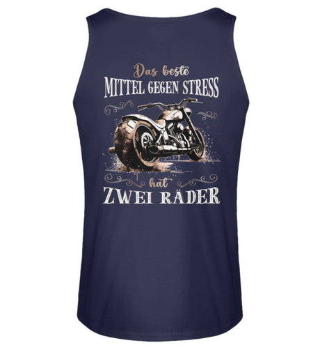 Ein Tanktop für Motorradfahrer von Wingbikers mit dem Aufdruck, Das beste Mittel gegen Stress hat 2 Räder, mit Back Print, in navy blau.