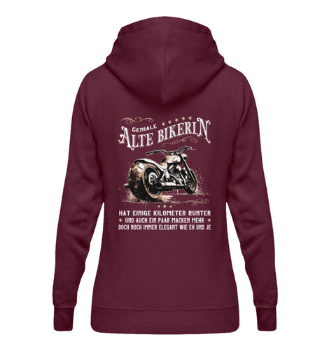 Ein Bikerin Hoodie für Motorradfahrerinnen von Wingbikers mit dem Aufdruck, Alte Bikerin - Einige Kilometer Runter - Doch elegant wie eh und je - mit Back Print, in burgunder weinrot.