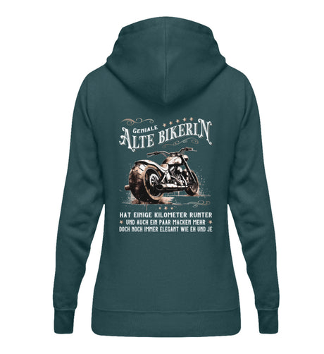 Ein Bikerin Hoodie für Motorradfahrerinnen von Wingbikers mit dem Aufdruck, Alte Bikerin - Einige Kilometer Runter - Doch elegant wie eh und je - mit Back Print, in petrol türkis.