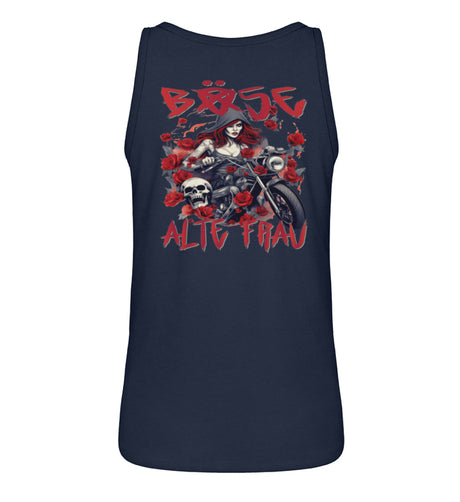 Ein Bikerin Tanktop für Motorradfahrerinnen von Wingbikers mit dem Aufdruck, Böse Alte Frau, mit Back Print - in navy blau.