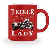 Eine Tasse für Motorradfahrer von Wingbikers, mit dem beidseitigen Aufdruck, Triker Lady - Triker Life, im vintage Stil, in rot.